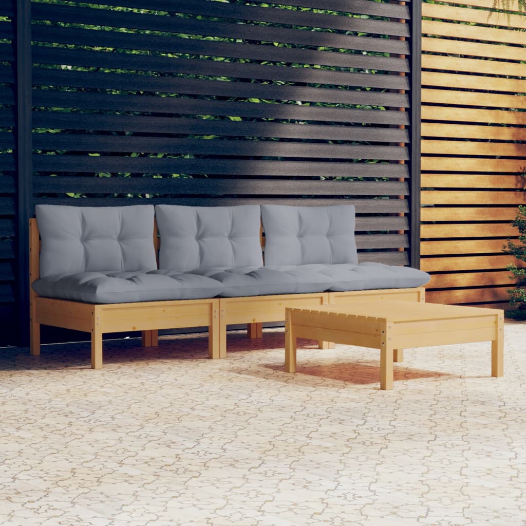 Vidaxl 4-Cz. Garden Lounge Set, Grey Cushions, Pine