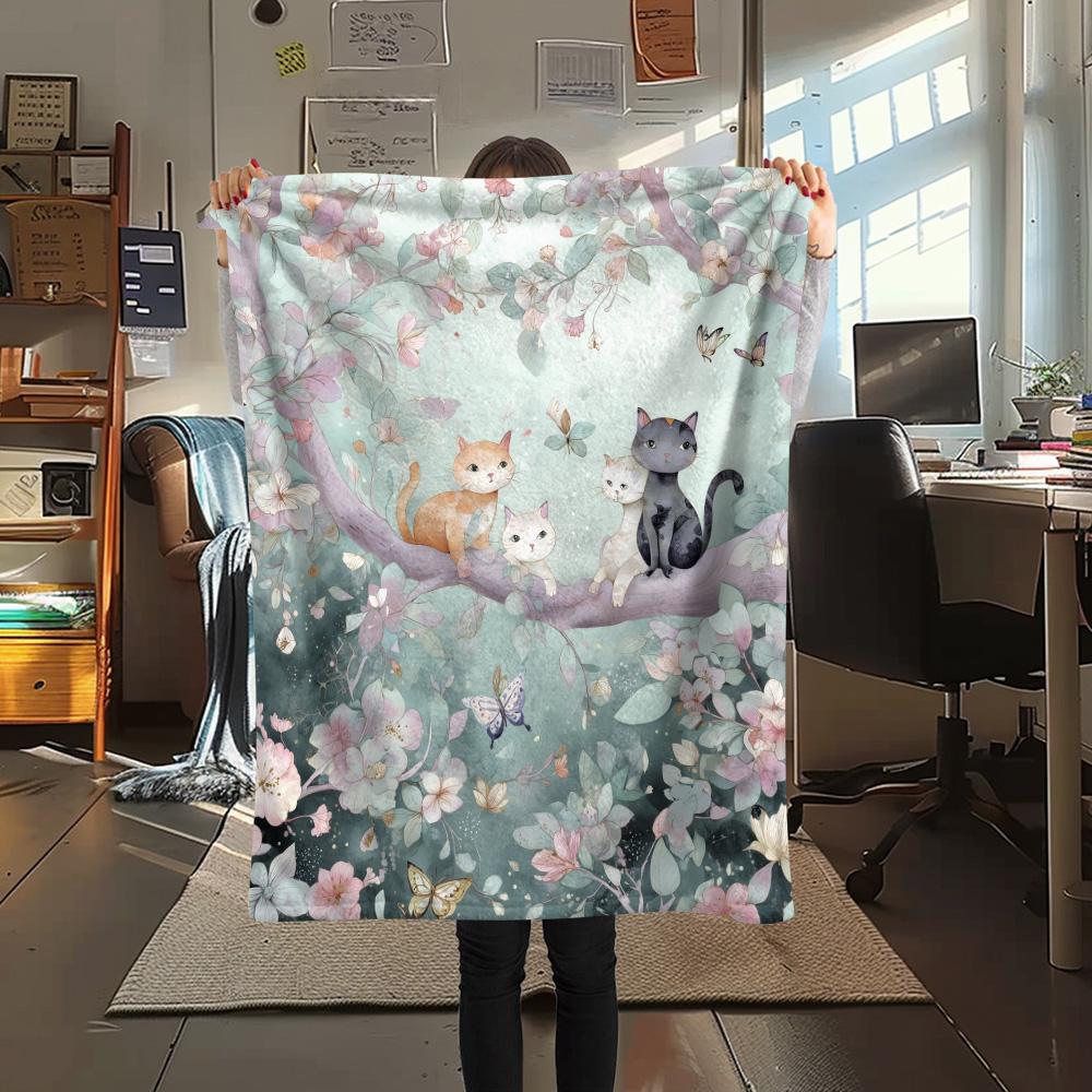 Butterfly Cat on a Branch  Print Flannel Blanket, High quality Comfortable for All Seasons, Home Decor, Warmth and Comfort