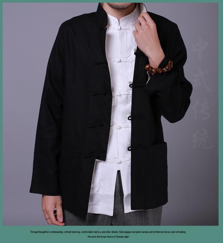 Men's Double-Sided Chinese Style Linen Jacket - Retro Cotton Top with Long Sleeves