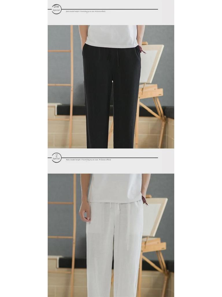 Pantaloni Drepți Largi de Vară pentru Bărbați din In - Stil Casual la Modă Chinezesc, Bumbac Subțire pentru Sport și Timp Liber.