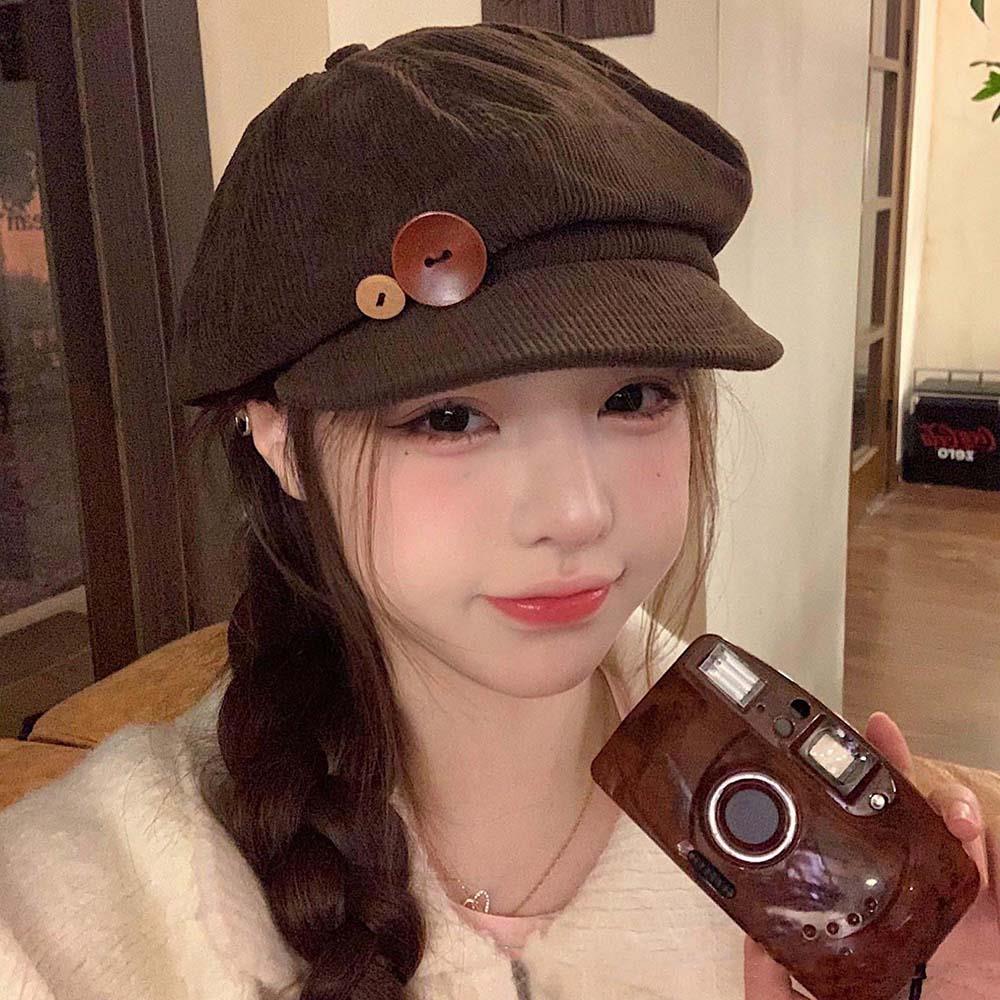 Vintage Cord-Barettmütze für Damen Koreanischer Knopf Achteckige Kappe Herbst Winter Maler Künstlermützen Japanische Braune Schirmmützen