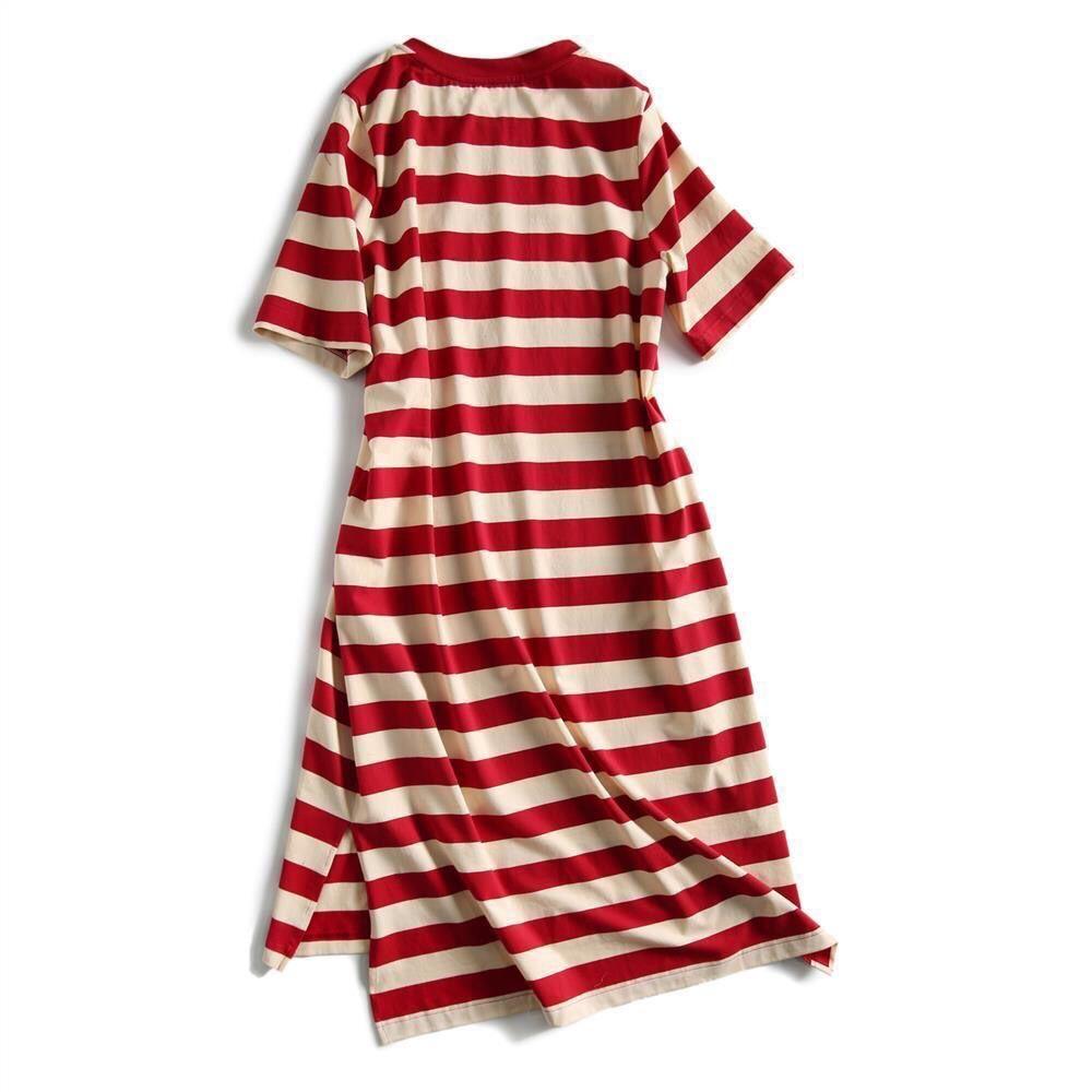 Women's Striped Print T-Shirt Dress - Summer Short-Sleeve Split Tunic Dress
