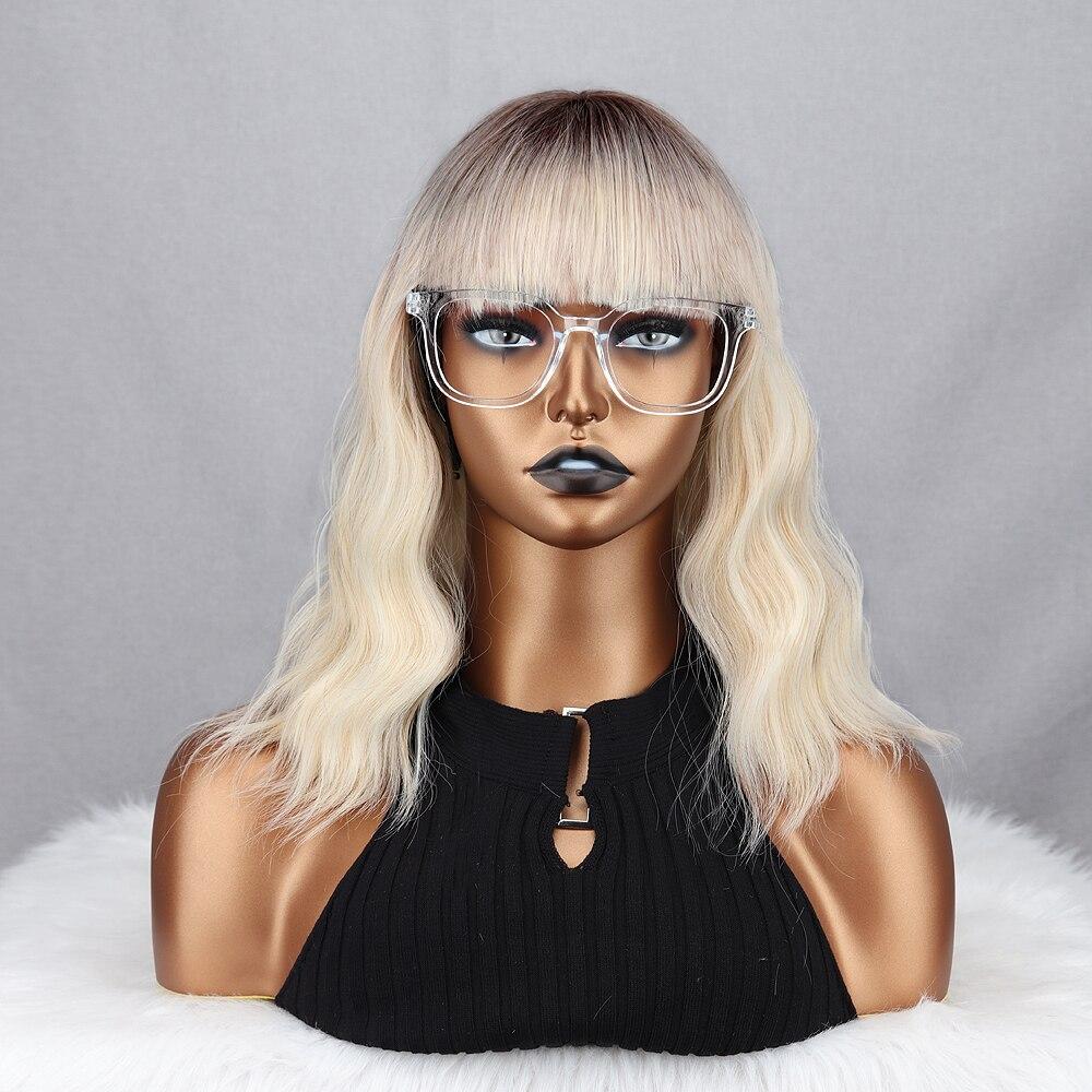 Synthetic White Silvery Natural Wavy Short Bob Wig Extension With Bangs Fiber Natural Wig For Women Cosplay Daily Wear