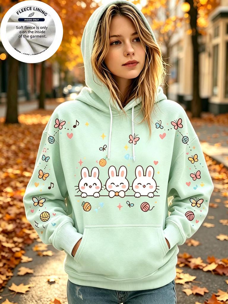 Women Fleece Hoodie, Lovely Cartoon Pet With Yarn Ball Print Long Sleeve Pullover, Sweet Casual Autumn Hooded Top