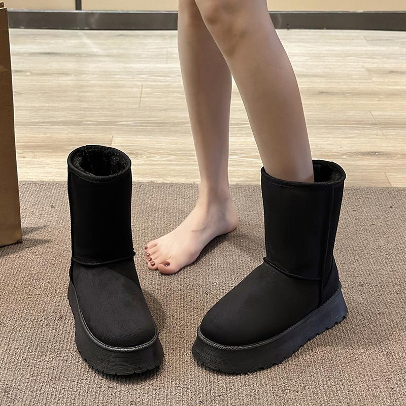 

Женские зимние ботинки на толстой подошве, новые, зимние, меховые, интегрированные, средней высоты, с напуском и утолщенные, теплые, снежные, хлопковые 36 чёрный