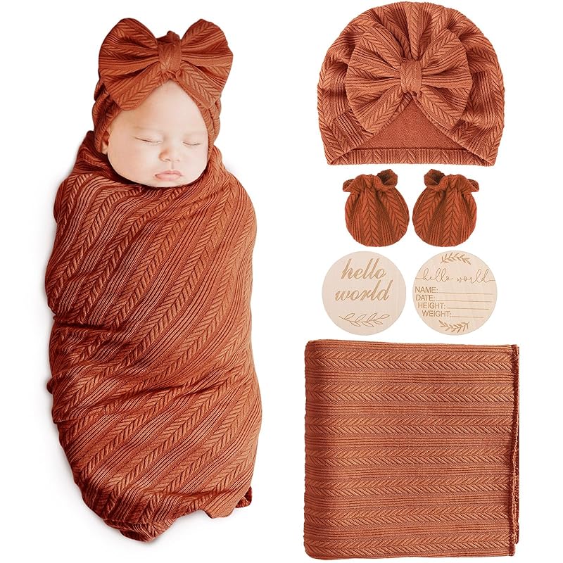 Newborn Receiving Blanket with Bow Hat Mittens Wooden Card Set Wheat-Pattern Newborns Toddler Baby Boy Girl Nursery Swaddle Wrap