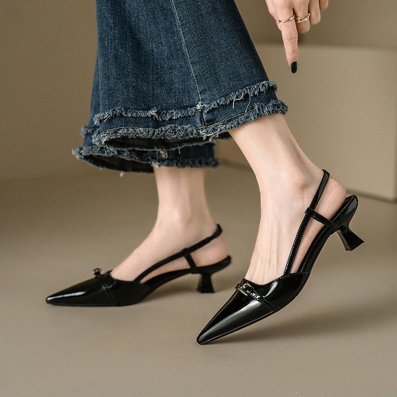 Baotou Sandals Women's Summer New Patent Leather Pointed Middle Heel Cat Heel Shoes French Temperament Small High Heels Empty Single Shoes