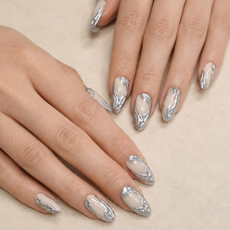 24 Pieces Of Manicure, Kusa Metallic 3D Three-Dimensional Relief, Silver Long Almond-Shaped Wearing Armor Jelly glue + rubbing strips