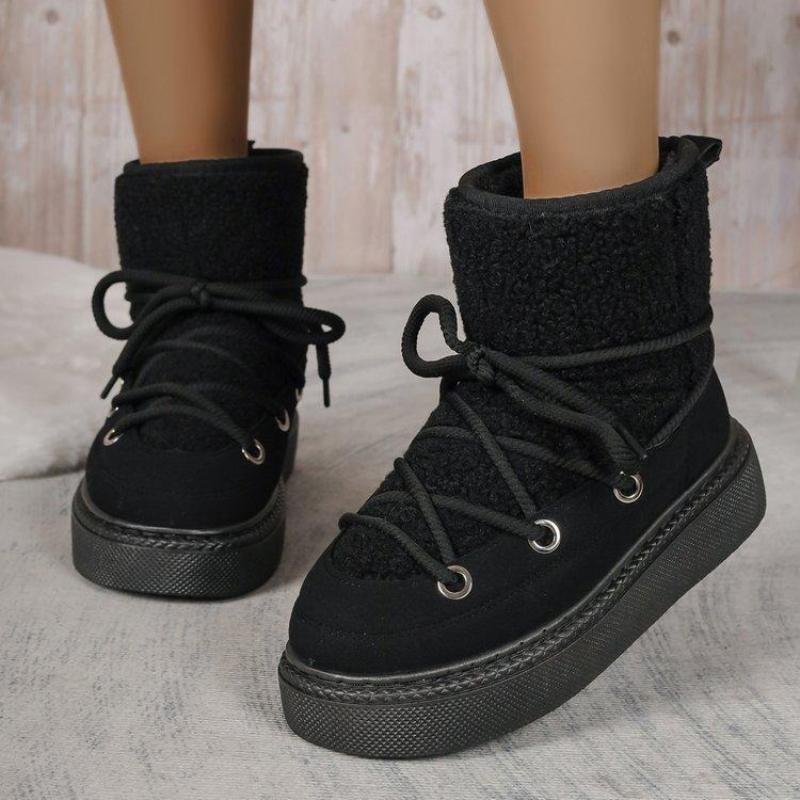 

Женские зимние теплые ботинки для снега, ботильоны на толстой платформе с флисовой подкладкой, удобные повседневные короткие ботинки на шнуровке, обувь 36 чёрный