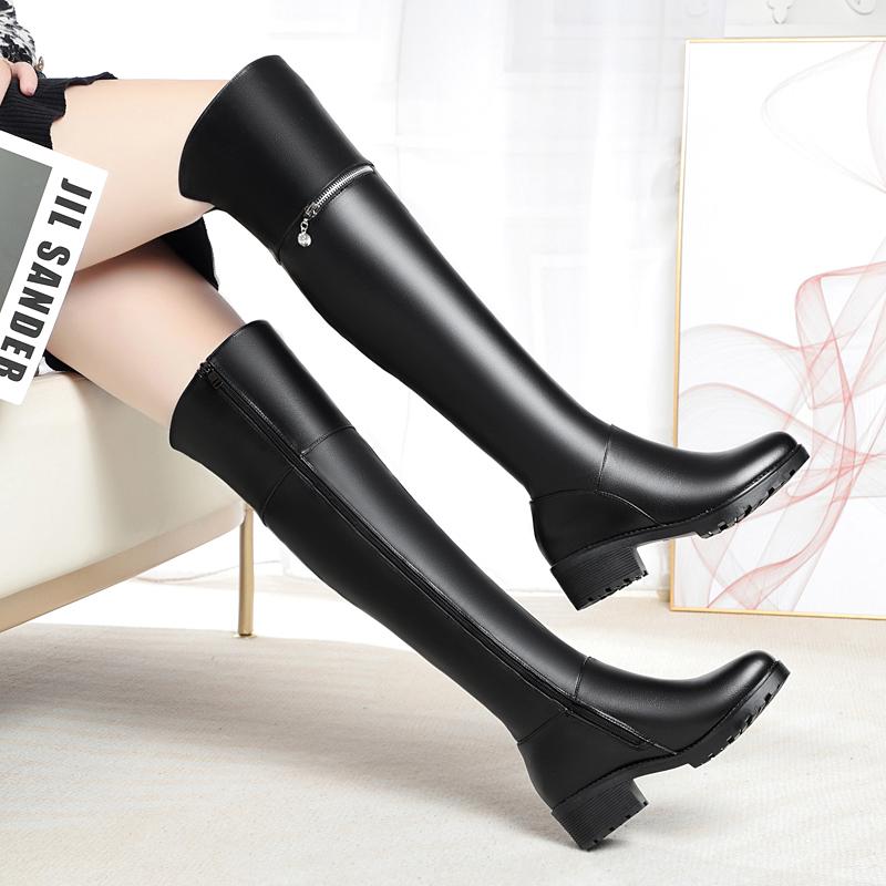 Fashion AIYUQI Women's Over Knee Boots Winter Fashion Middle Heel Fur Long Boots Women Genuine Leather Rider Boots Ladies