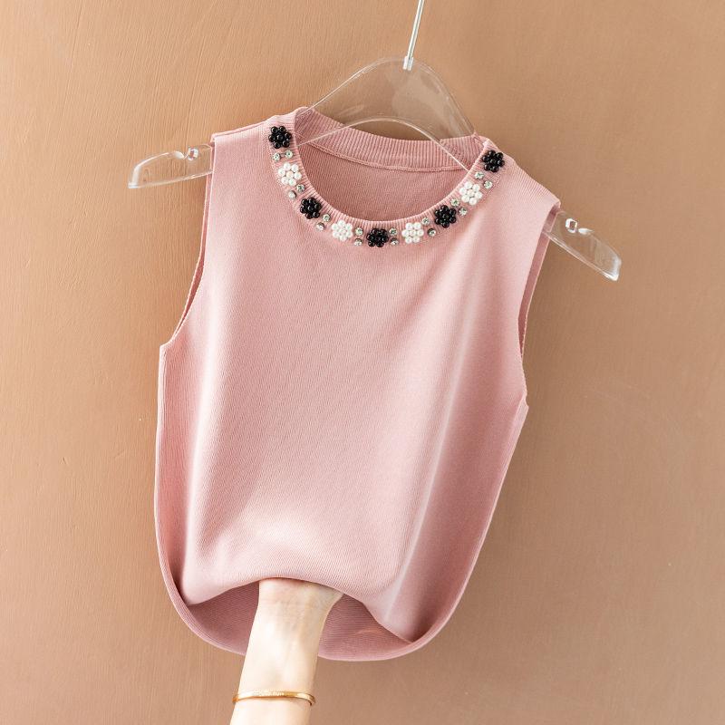 

Womens Pearl Beaded Flower Knit Tank Top Crew Neck Sleeveless Sweater onesize рожевий