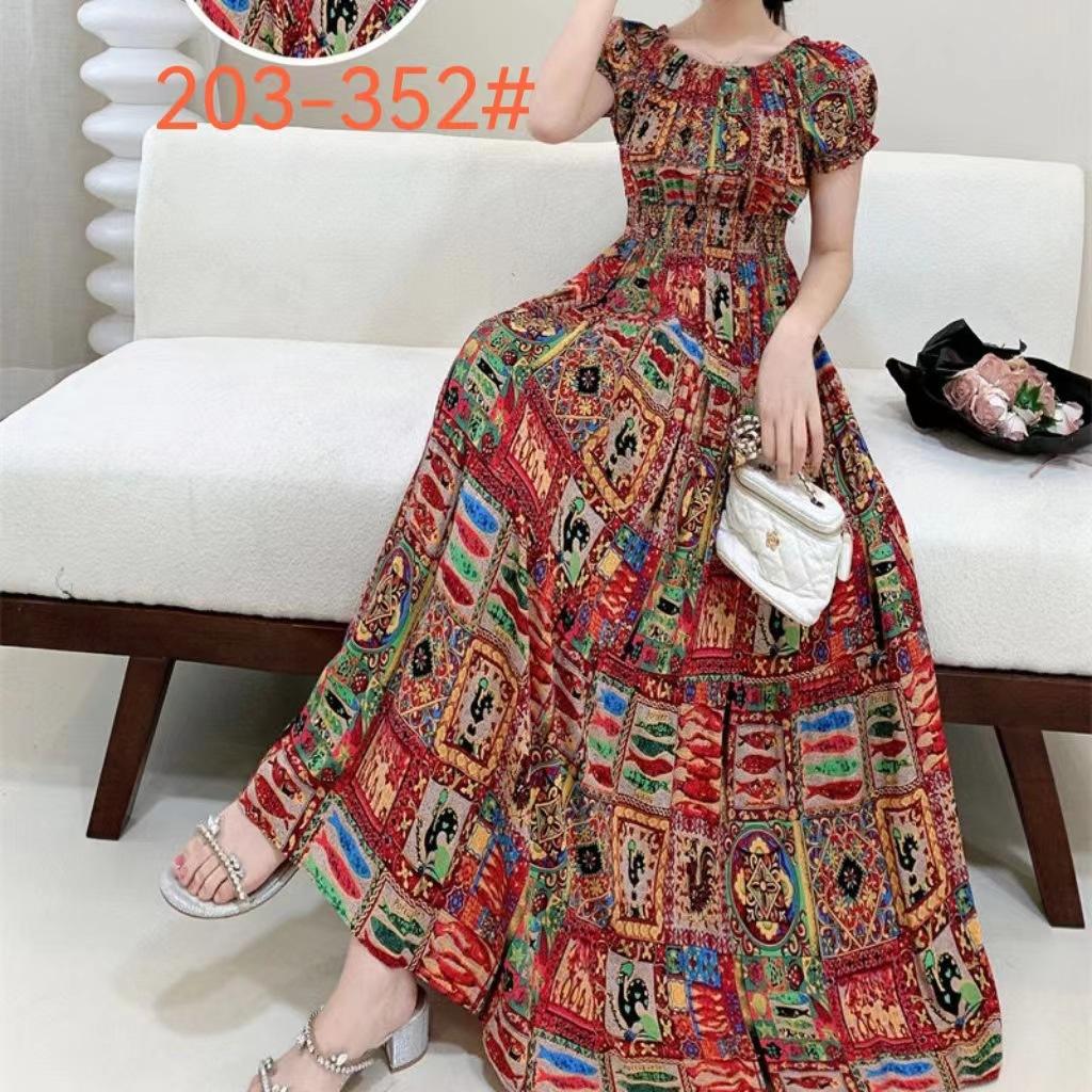 2024 Women's Beach Dress Short Sleeve Floral Dress Cotton Travel Vacation Bohemian Skirt Summer Halter
