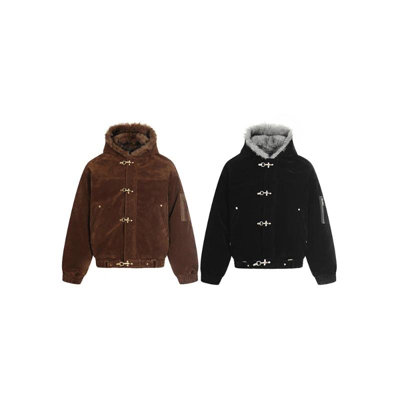 American Style Men's Coats Hooded Faux Fur Single Breasted Loose Solid Color Winter Jackets