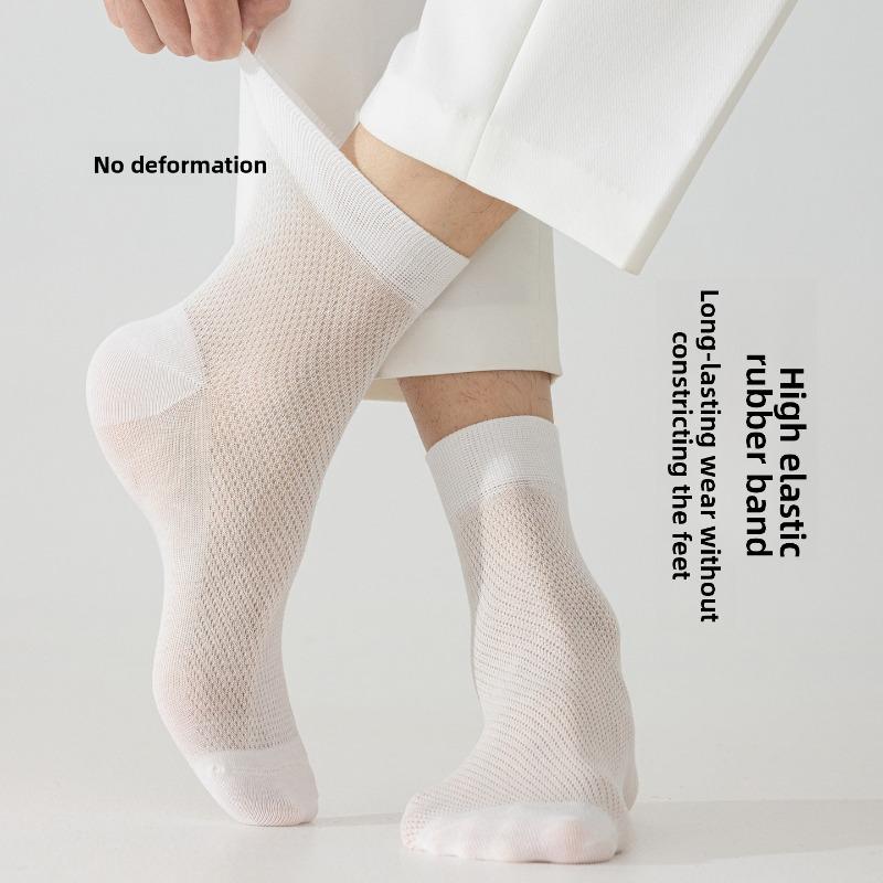 Cotton Socks, Men's Mid-length Summer/autumn Mesh Breathable Shallow-mouth Sports Anti-odor Business Suit Leather Shoes, Long Socks
