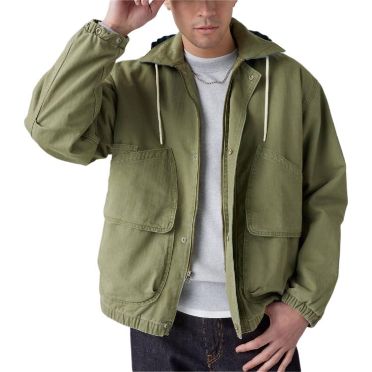 Levis Solid Color Hooded Zip-Up Loose Long Sleeve Jacket Men Jackets Green A8614-0001