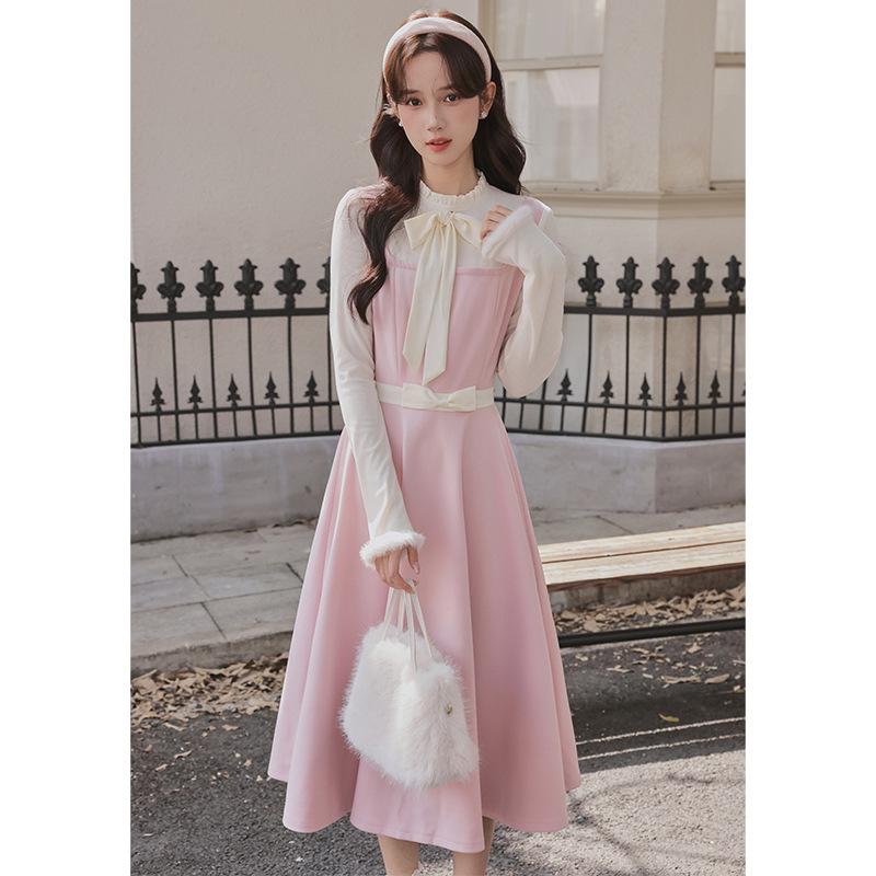 Pink Girly Waist-Cinched Patchwork Dress & Cloak Set Small