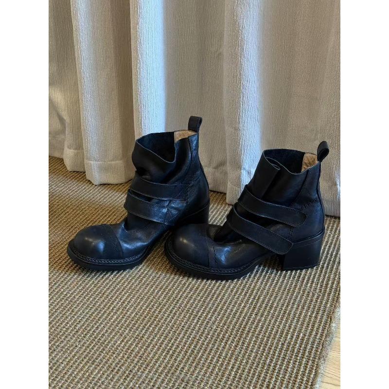 Sheepskin Version ~ Retro High-heeled Boots Women's New Versatile Pleated Velcro Thick-heeled Western Martin Boots Skinny Boots