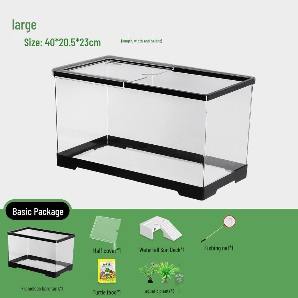 Acvariu Compact pentru Broaște Țestoase cu Platformă de Soare - Habitat Elegant de Birou cu Capac pentru Afișare Ecologică în Sufragerie