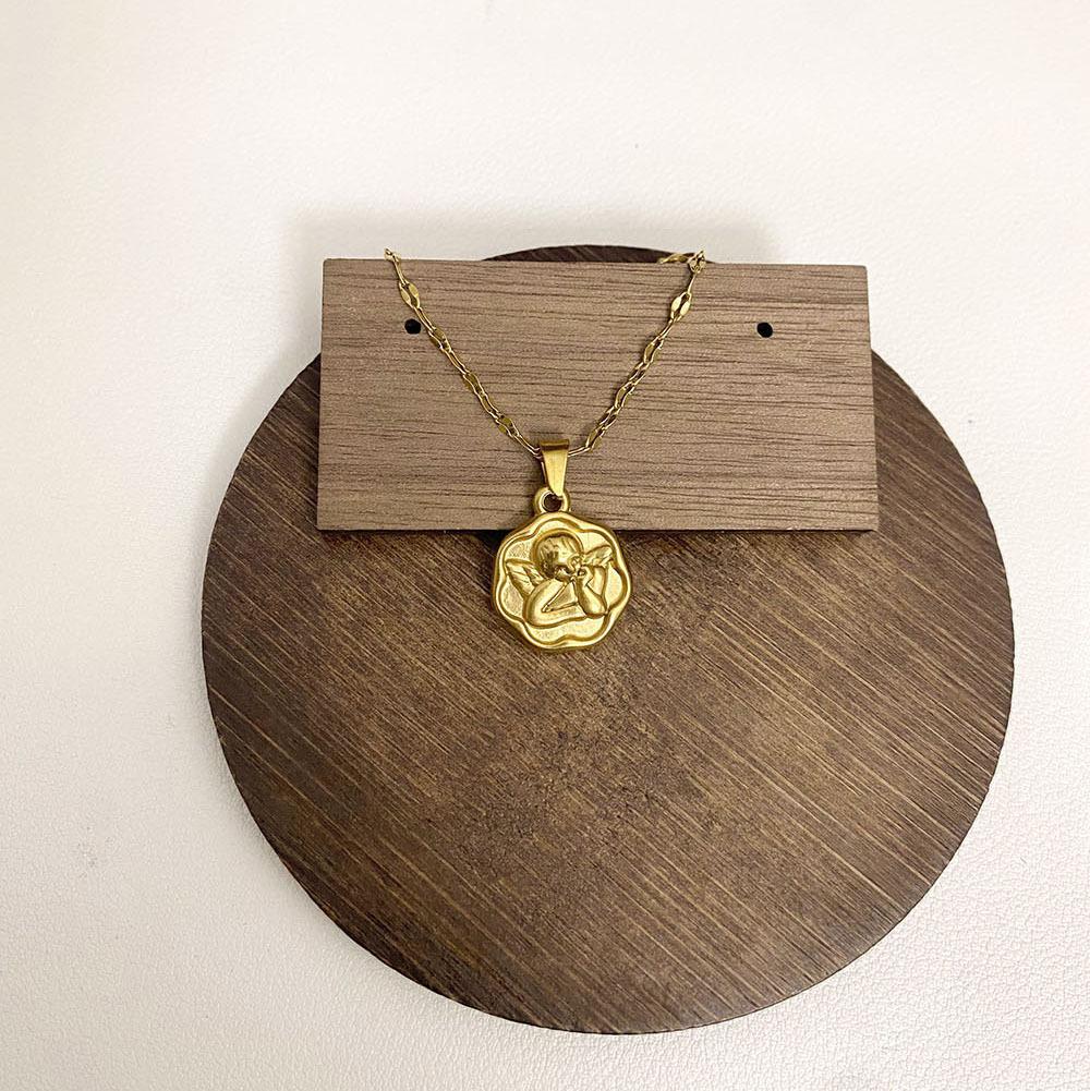 Versatile 3D Embossed Retro Coin Cupid Wings Necklace In Hexagonal Flower Design, Titanium Steel