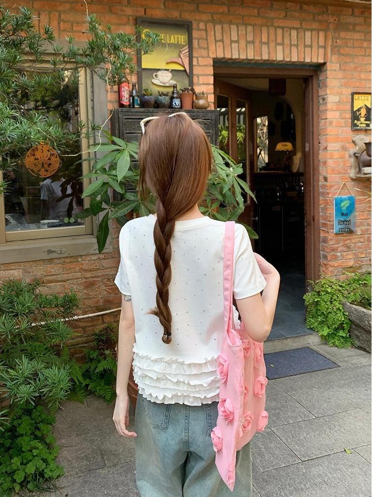 White Sequined Ruffle Short Sleeve Women's T-shirt - European Summer 2025 Edition