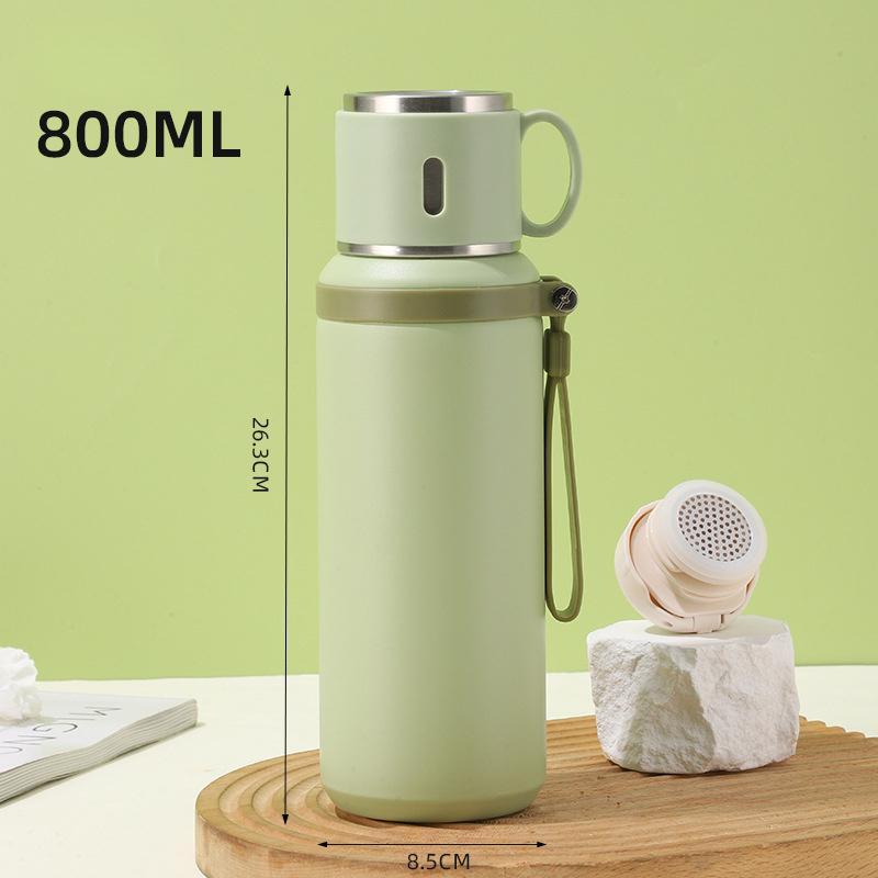 Stainless Steel Insulated Bottle With Cup Lid Tea Infuser Portable Travel Thermos Mug With Strap Leakproof 600ml 800ml For Office Outdoor Use