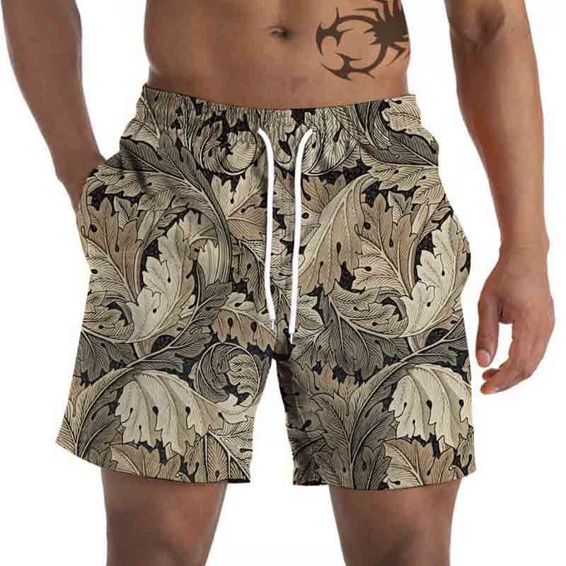 Men's Summer Casual Beach Shorts Palm Tree Print Quick Dry Drawstring Waist