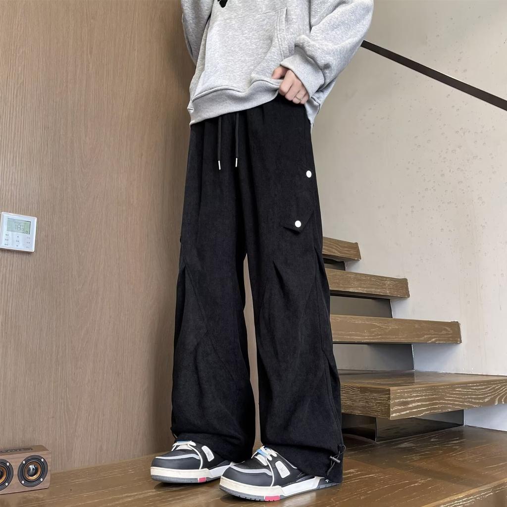 American heavy pleated corduroy overalls men's autumn and winter design sense straight wide-leg pants fleece casual pants