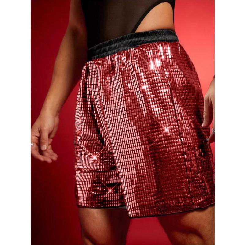 Pantalones Cortos Metálicos de Rejilla con Lentejuelas para Hombre Cintura Alta Elástica Brillo Fiesta Disco •