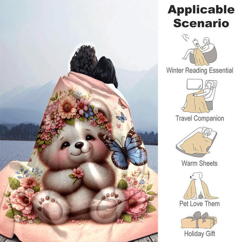 1pc Bear Butterfly Printing Lightweight Flannel Blanket, Comfortable and Warm Blanket, for Camping Sofa Bed and Couch Office, Suitable for Gi