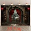 2D flat polyester background fabric - with magic broom and vampire castle design - perfect for Halloween and parties