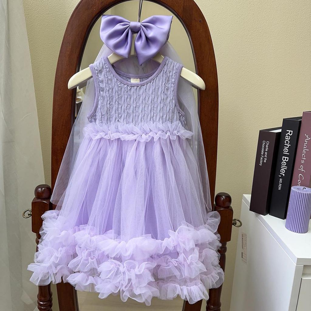Girls' Sleeveless Korean-Style Tulle Dress with Bow