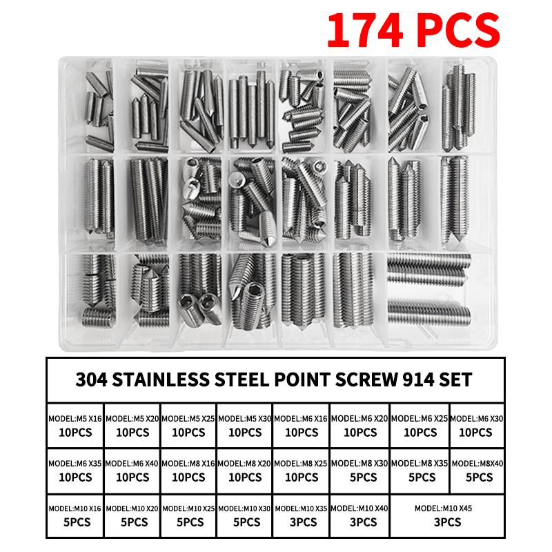 DIN914 304 Stainless Steel Hex Socket Point Grub Screws M3 M4 M5 M6 M8 M10 Assortment Kit - High Hardness Fasteners Set
