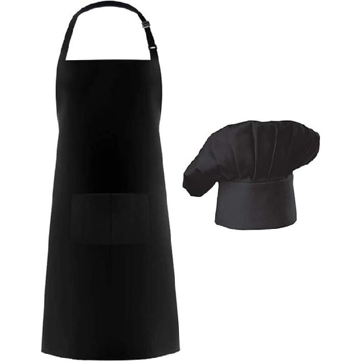 Hyzrz Chef Apron Hat Set, Chef Hat and Adult Kitchen Pocket Adjustable Apron with Butcher Hat Baker Costume for Men and Women Father s Gift (White)