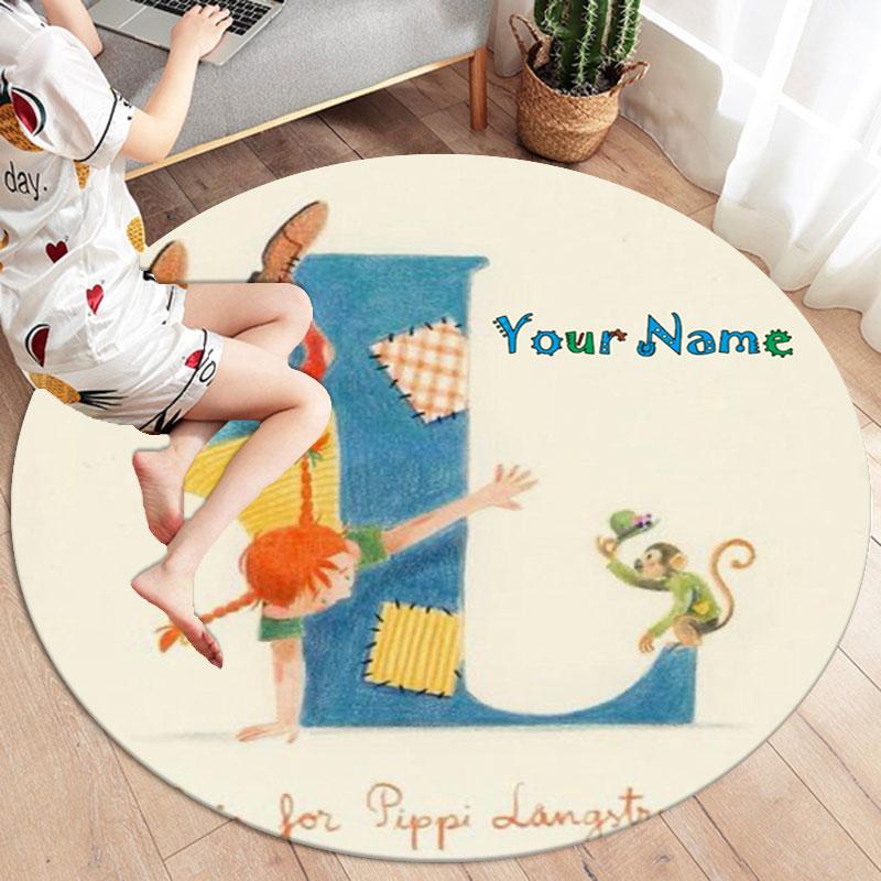 Pippi Longstocking Custom Name Round Area Rug,Carpet Rug for Living Room Bedroom Sofa Playroom Decor,Non-slip Floor Mat