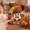 Vintage Fall Holiday Party Supplies Halloween Retro Pumpkin Witch Cat Ghost Figurines with Crescent Base, Spooky Rustic Tiered Tray Decor Wooden