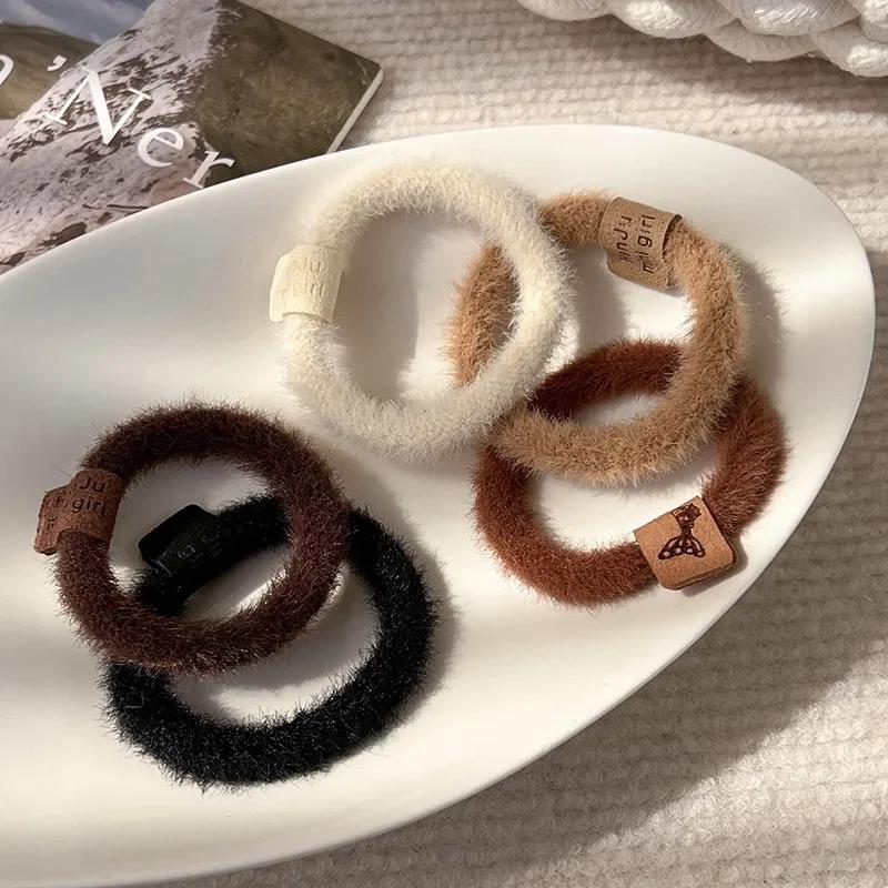 Autumn and Winter Plush Maillard Color Hair Rope Girl All-match Marine Belt Head Rope High Elasticity Basic Rubber Band Hair Ring