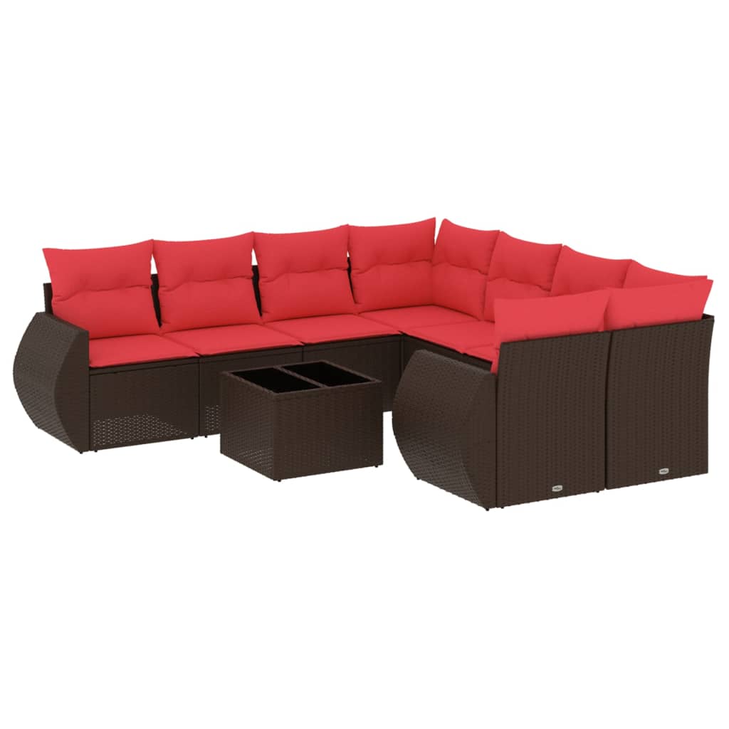 9 Piece Garden Sofa Set with Cushions Brown Poly Rattan