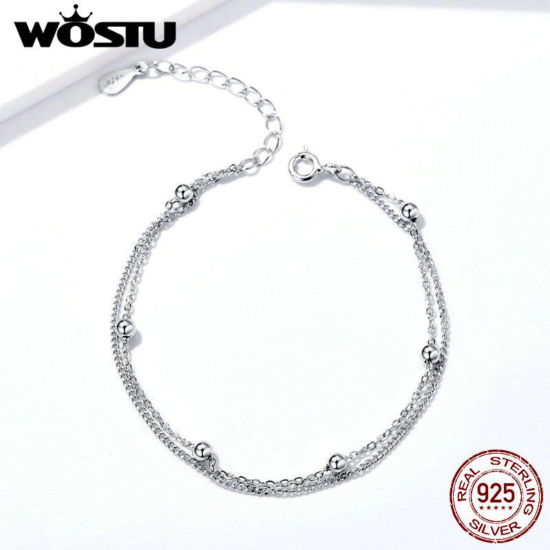 WOSTU Parallel Chains With Silver Bead Bracelets 925 Sterling Silver For Women Chain Link New Design