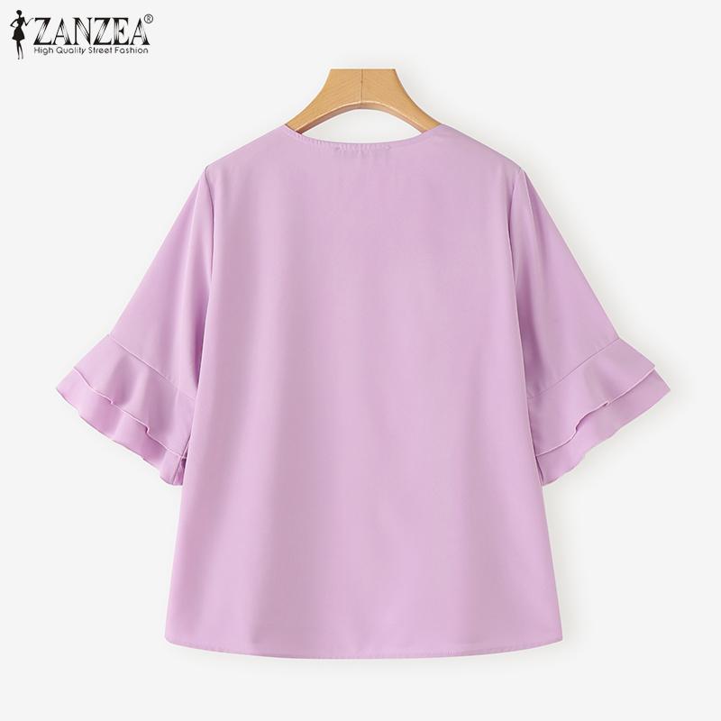 ZANZEA Womens Casual V-Neck Solid Color Loose Half Sleeve Blouse