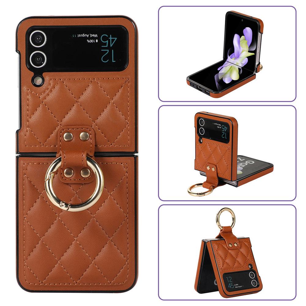Leopard Print Ring Phone Case For Samsung Galaxy Z Flip 7 6 Flip 5 Flip 4 3 Rhombic Leather Cover Coque