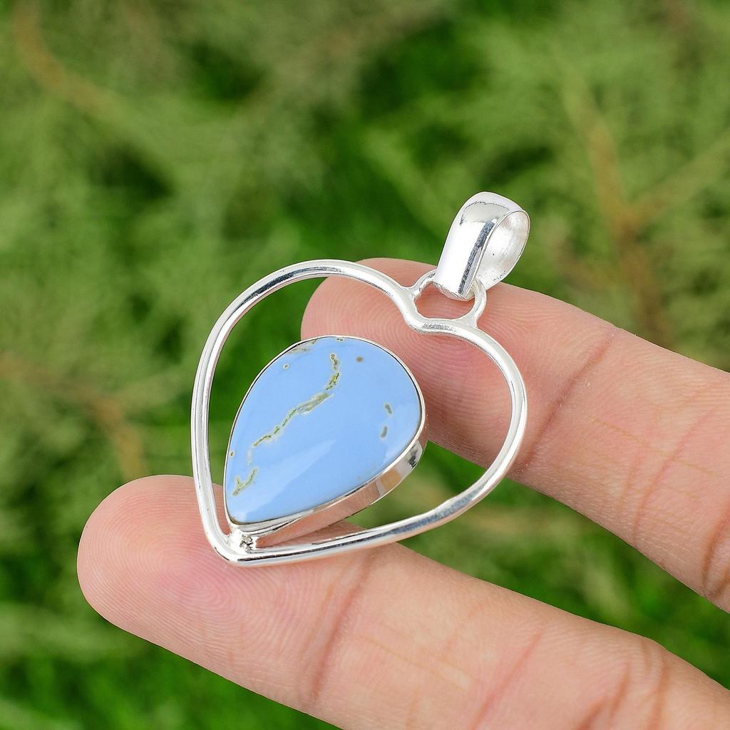 Daughters Day Deal Natural Owyhee Blue Opal Bezel Heart New Pendant 925 Silver