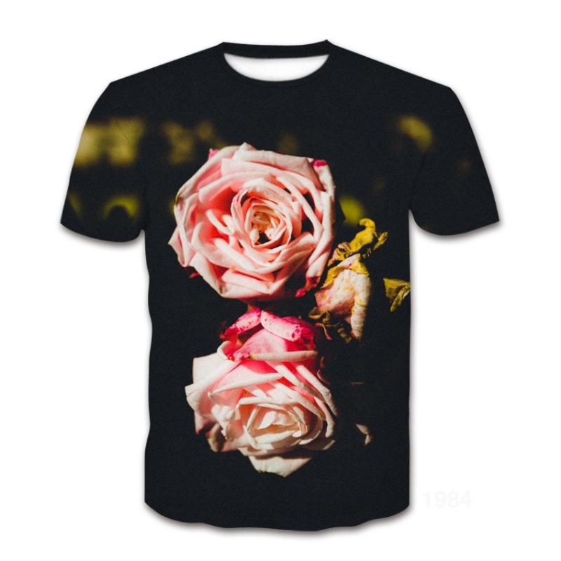 Summer Short Sleeved T-shirt Flower Pattern Trendy 3D Round Neck Top for Men Women Shirt