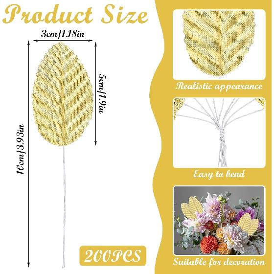 200pcs Gold Leaves Artificial Flowers,Artificial Silk Leaves, Fake Leaves with Stems Crafts Fake Faux Wired Single Leaf for DIY Crafts Floral