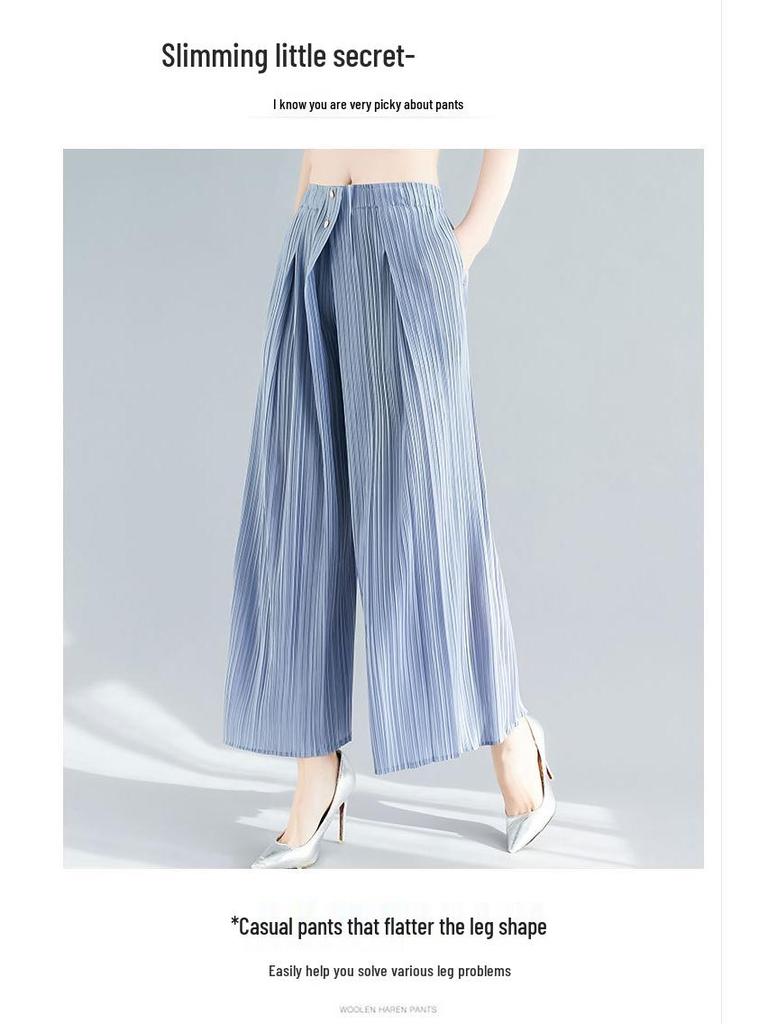 Summer 2024 Women's Black High-Waisted Wide-Leg Pleated Pants: Versatile, Slimming, Loose Fit, Plus Size, Casual Nine-Point Length.