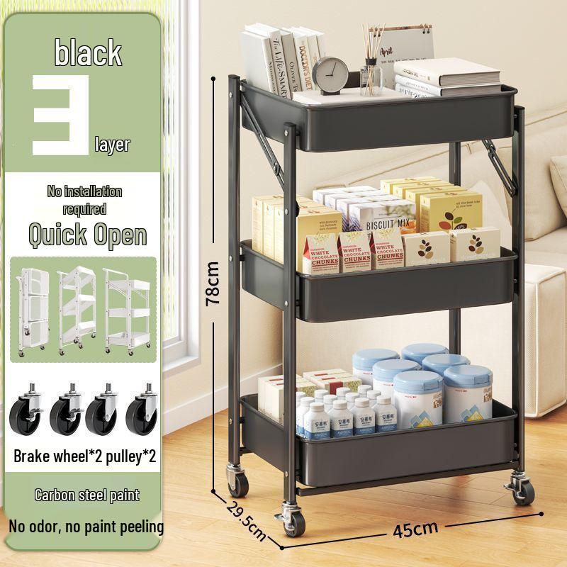 Compact Folding Carbon Steel Storage Cart for Kitchen or Bedroom