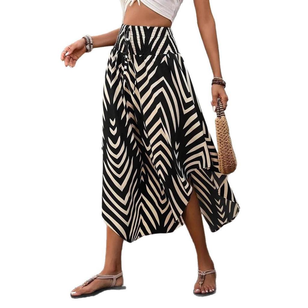 Bohemian Style Flowy Mid-Length Skirt with Personality Print for Summer Vacation