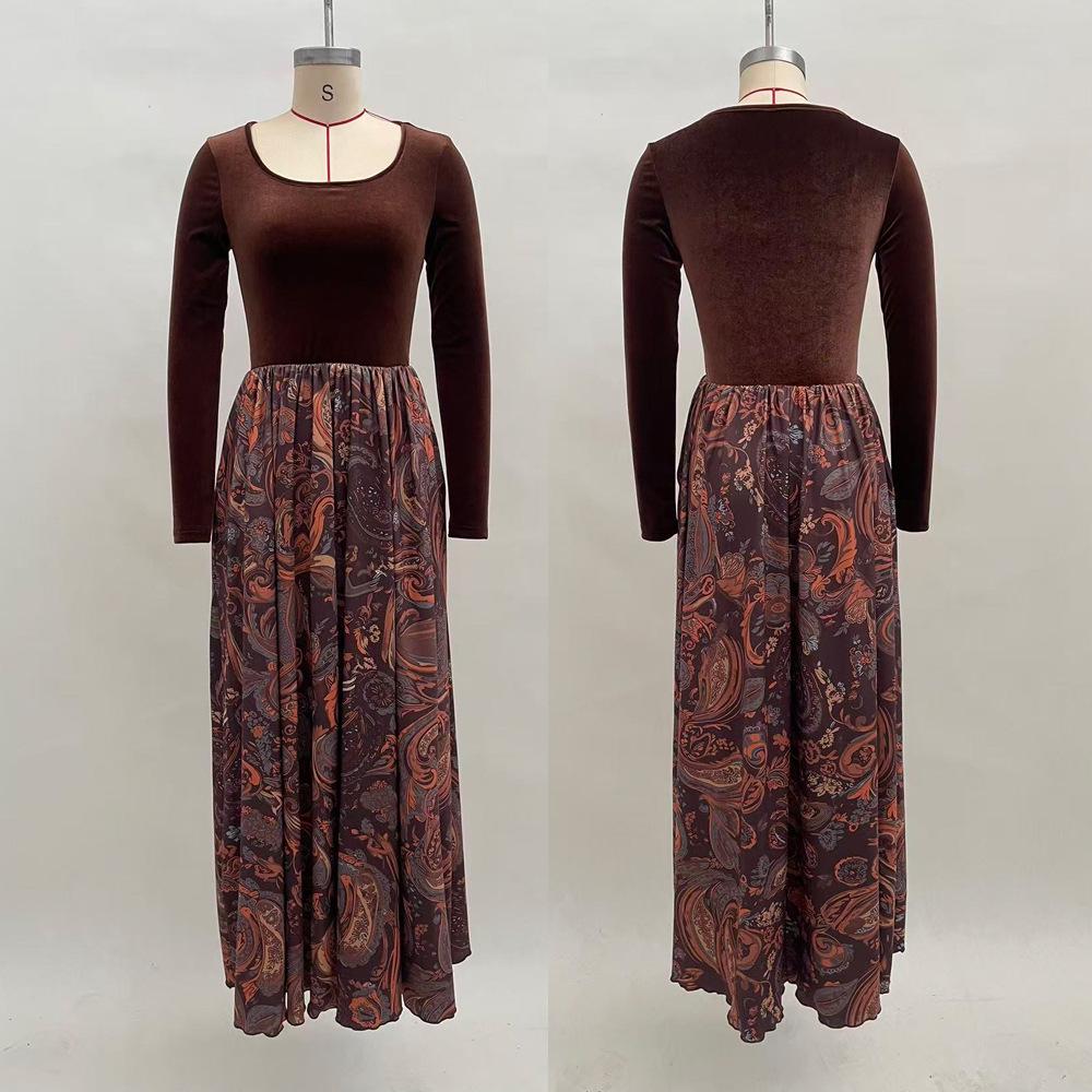 European & American Autumn 2025 Floral Print Slim Fit Long Dress for Women M