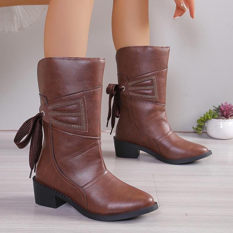

Модные женские сапоги из искусственной кожи с острым носком до середины голени, новые, на шнуровке, размер плюс 43, модные сапоги, осенне-зимние, нескользящие, вестерн-ботинки 43 коричневый