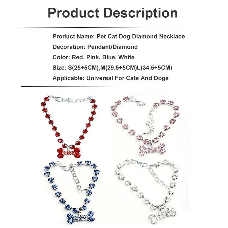 Adjustable Pet Necklace Cat Dog Crystal Collar Rhinestone Bone Pendant Cats Dogs Luxury Fashion Dress Up Decoration Accessories