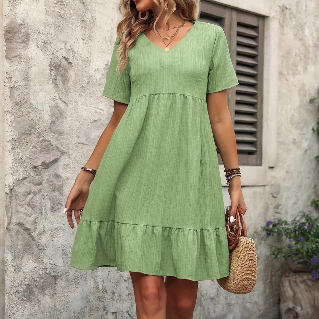 Women's Solid Color Summer Skirt Loose Casual Short Sleeve High Waist Dress